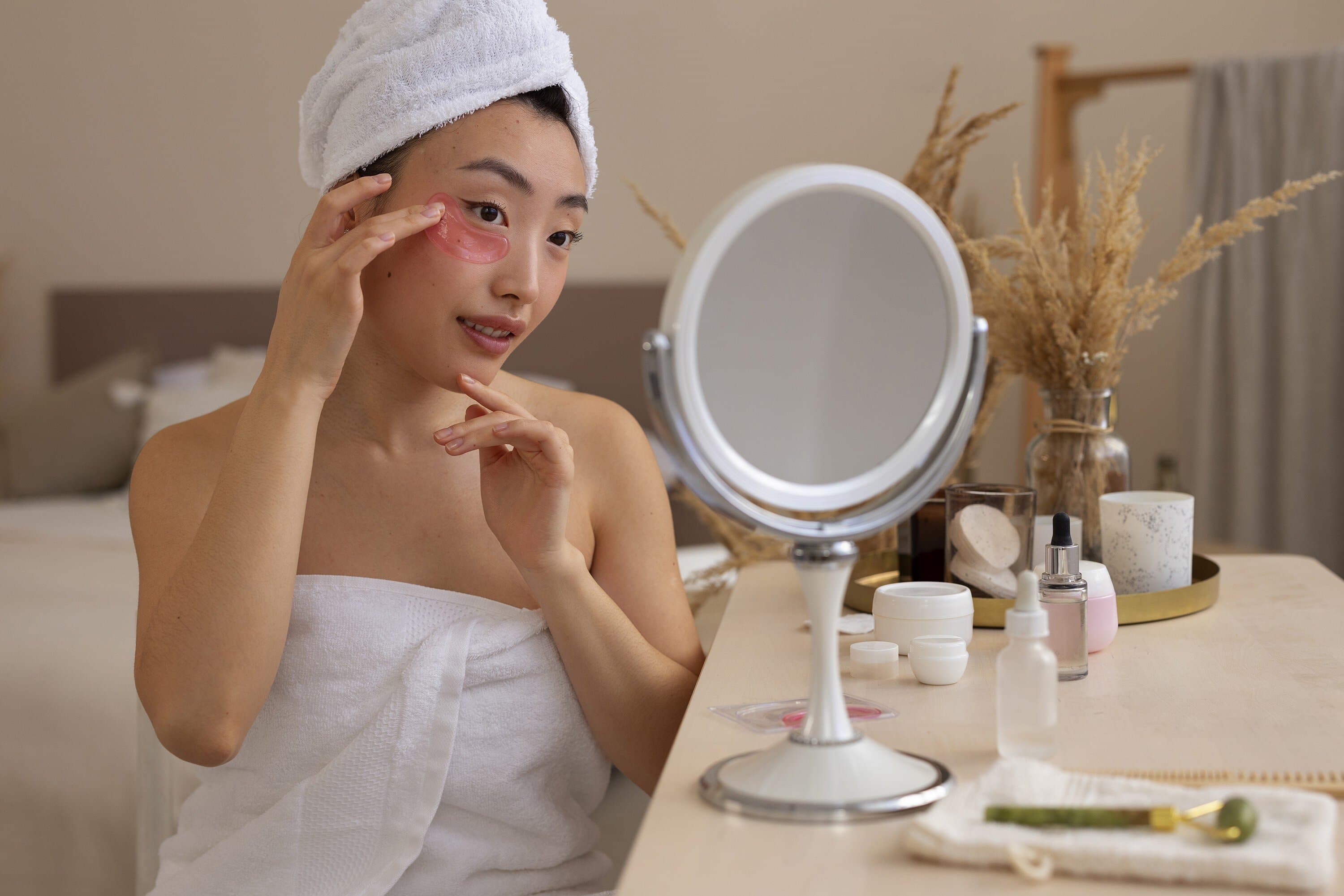 Woman in a towel and head wrap applying skincare cream in a cozy bedroom